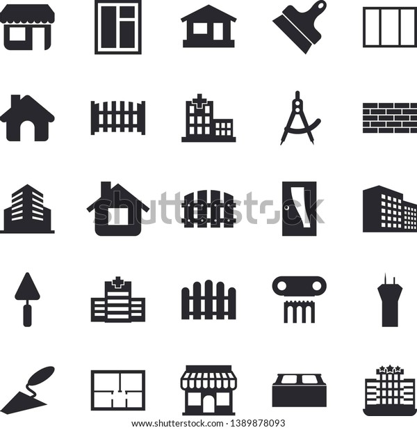 Solid vector icon set - house flat vector, brick
wall, window, trowel, layout, Entrance door, putty knife, fence,
dividers, store front, hospital, office building, antique column
fector, hotel