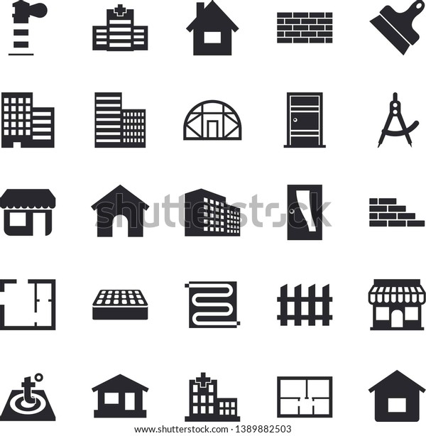 Solid vector icon set - house flat vector, brick\
wall, layout, Entrance door, skyscraper, putty knife, fence, warm\
floor, greenhouse, dividers, store front, lighthouse, hospital,\
office building