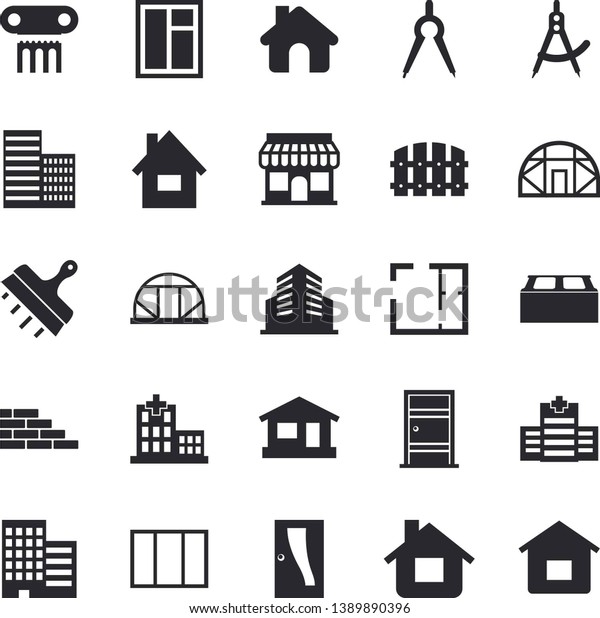Solid
vector icon set - house flat vector, brick wall, window, layout,
Entrance door, skyscraper, putty knife, fence, greenhouse,
dividers, store front, hospital, office
building