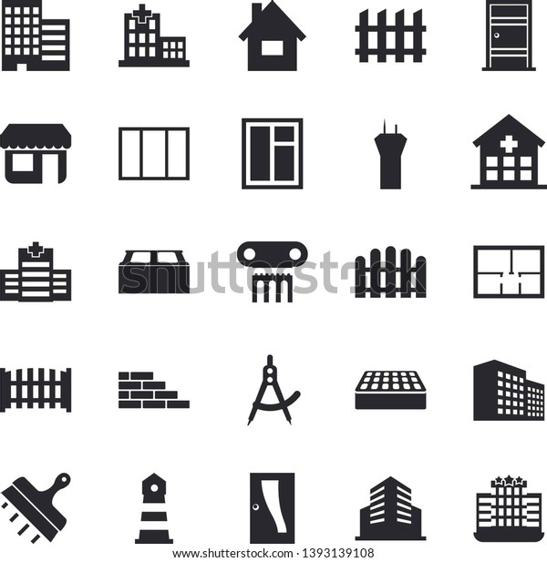 Solid vector icon set - house flat vector, brick\
wall, window, layout, Entrance door, skyscraper, putty knife,\
fence, dividers, store front, lighthouse, hospital, office\
building, airport tower