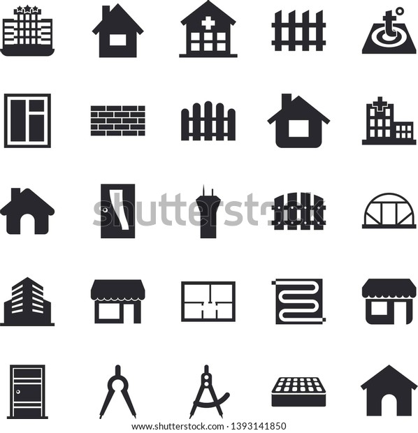 Solid vector icon set - house flat vector, brick\
wall, window, layout, Entrance door, fence, warm floor, greenhouse,\
dividers, store front, hospital, office building, airport tower\
fector, hotel