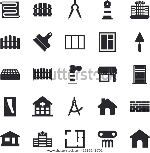 Solid vector icon set - house flat vector, brick\
wall, window, trowel, layout, Entrance door, putty knife, fence,\
warm floor, dividers, lighthouse, hospital, antique column fector,\
hotel, shop