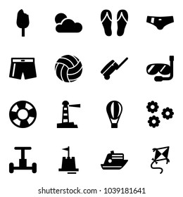 Solid vector icon set - ice cream vector, flip flops, swimsuit, volleyball, suitcase, diving, lifebuoy, lighthouse, air balloon, flower, gyroscope, sand castle, cruiser, kite