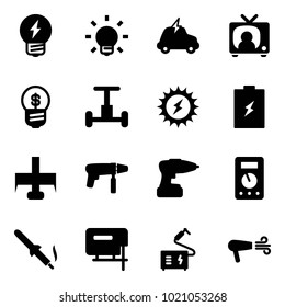 Solid vector icon set - idea vector, bulb, electric car, tv news, business, gyroscope, sun power, battery, milling cutter, drill machine, multimeter, soldering iron, jig saw, welding, dryer
