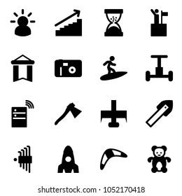 Solid vector icon set - idea vector, growth, sand clock, win, pennant, photo, surfing, gyroscope, server wireless, axe, milling cutter, tile drill, allen key set, rocket, boomerang, bear toy