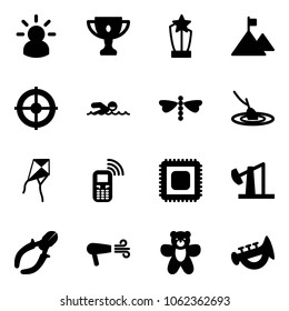 Solid vector icon set - idea vector, gold cup, award, mountain, target, swimming, dragonfly, fishing, kite, mobile phone, cpu, oil derrick, side cutters, dryer, bear toy, horn