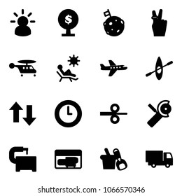 Solid vector icon set - idea vector, money tree, moon flag, victory, helicopter, beach, plane, kayak, up down arrows, clock, steel rolling, Angular grinder, machine tool, generator, shovel bucket