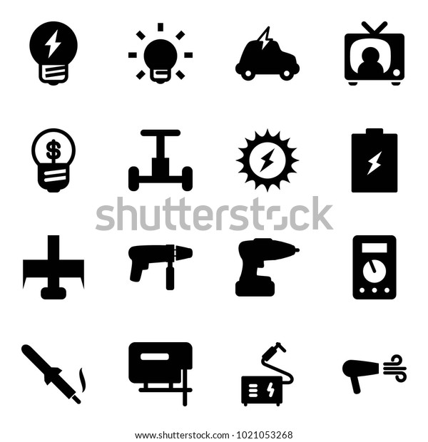 Solid vector icon set - idea vector, bulb, electric\
car, tv news, business, gyroscope, sun power, battery, milling\
cutter, drill machine, multimeter, soldering iron, jig saw,\
welding, dryer