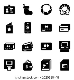 Solid vector icon set - identity vector, christmas sock, wreath, star postcard, mobile payment, credit card, atm, finance management, photo, sim