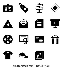 Solid vector icon set - identity vector, medical label, road signpost sign, main, oncoming traffic, opened mail, document, presentation board, film coil, certificate, envelope, pennant, t shirt, cap