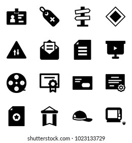 Solid vector icon set - identity vector, medical label, road signpost sign, main, oncoming traffic, opened mail, document, presentation board, film coil, certificate, envelope, pennant, cap
