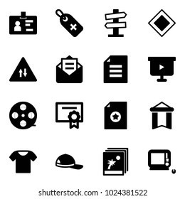 Solid vector icon set - identity vector, medical label, road signpost sign, main, oncoming traffic, opened mail, document, presentation board, film coil, certificate, pennant, t shirt, cap, photo