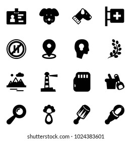 Solid vector icon set - identity vector, dog, first aid room, no parking even road sign, map pin, head bulb, golden branch, mountains, lighthouse, micro flash card, shovel bucket, beanbag