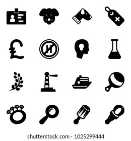 Solid vector icon set - identity vector, dog, medical label, pound, no parking even road sign, head bulb, flask, golden branch, lighthouse, cruiser, beanbag