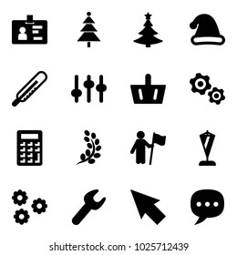 Solid vector icon set - identity vector, christmas tree, hat, thermometer, settings, basket, gears, calculator, golden branch, win, pennant, flower, wrench, cursor, chat