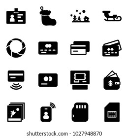 Solid vector icon set - identity vector, christmas sock, landscape, sleigh, wreath, credit card, tap pay, atm, finance management, photo, micro flash, sim