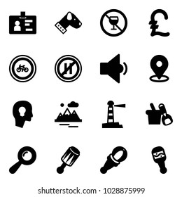 Solid vector icon set - identity vector, dog, no alcohol sign, pound, bike road, parking even, low volume, map pin, head bulb, mountains, lighthouse, shovel bucket, beanbag