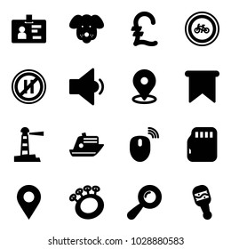 Solid vector icon set - identity vector, dog, pound, no bike road sign, parking even, low volume, map pin, flag, lighthouse, cruiser, mouse wireless, micro flash card, navigation, beanbag