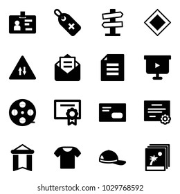 Solid vector icon set - identity vector, medical label, road signpost sign, main, oncoming traffic, opened mail, document, presentation board, film coil, certificate, envelope, pennant, t shirt, cap