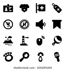 Solid vector icon set - identity vector, dog, first aid room, medical label, no alcohol sign, parking even road, low volume, flag, mountains, lighthouse, mouse wireless, beanbag
