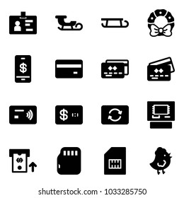 Solid vector icon set - identity vector, sleigh, christmas wreath, mobile payment, credit card, tap pay, exchange, atm, micro flash, sim, chicken toy