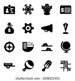 Solid vector icon set - identity vector, snowflake, angel, finance calendar, money bag, gear, speaker horn, pennant, target, hotel, flip flops, globe, trailer, beanbag, Tic tac toe