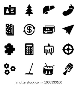 Solid vector icon set - identity vector, christmas tree, liver, eggplant, breads, dollar exchange, credit card, paper plane, puzzle, calculator, presentation chart, target, flower, rake, drum