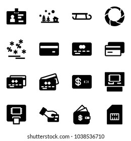 Solid vector icon set - identity vector, christmas landscape, sleigh, wreath, sale, credit card, atm, pay, finance management, sim