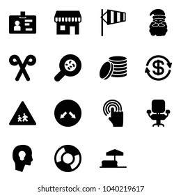 Solid vector icon set - identity vector, duty free, side wind, santa claus, stick, bacteria, coin, dollar exchange, children road sign, detour, hand cursor, office chair, head bulb, circle chart
