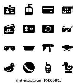 Solid vector icon set - identity vector, liquid soap, credit card, exchange, sunglasses, basin, drill machine, pipe welding, duck toy, ball, phone