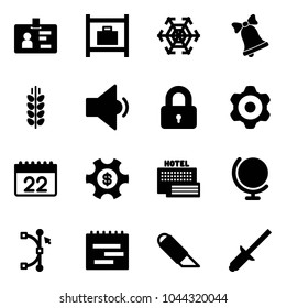Solid vector icon set - identity vector, baggage room, snowflake, bell, spica, low volume, locked, gear, calendar, money managemet, sea hotel, globe, bezier, terms plan, work knife, clinch