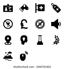 Solid vector icon set - identity vector, dog, first aid room, medical label, no alcohol sign, pound, parking even road, low volume, map pin, head bulb, flask, golden branch, mountains