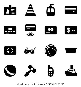 Solid vector icon set - identity vector, road cone, liquid soap, credit card, tap pay, exchange, sunglasses, ball, basin, toy hammer, phone, boat