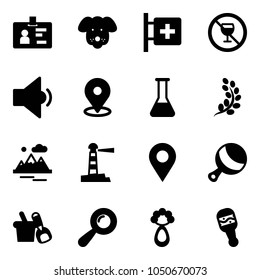 Solid vector icon set - identity vector, dog, first aid room, no alcohol sign, low volume, map pin, flask, golden branch, mountains, lighthouse, navigation, beanbag, shovel bucket