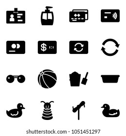 Solid vector icon set - identity vector, liquid soap, credit card, tap pay, exchange, refresh, sunglasses, ball, bucket scoop, basin, duck toy, pyramid, windmill