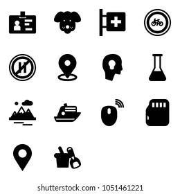 Solid vector icon set - identity vector, dog, first aid room, no bike road sign, parking even, map pin, head bulb, flask, mountains, cruiser, mouse wireless, micro flash card, navigation