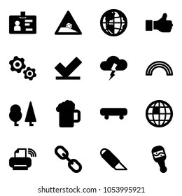 Solid vector icon set - identity vector, steep roadside road sign, globe, like, gears, check, storm, rainbow, forest, beer, skateboard, printer wireless, link, work knife, beanbag