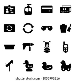 Solid vector icon set - identity vector, liquid soap, credit card, exchange, refresh, sunglasses, bucket scoop, basin, drill machine, pyramid toy, phone, windmill, duck