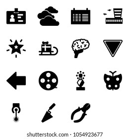 Solid vector icon set - identity vector, clouds, schedule, airport building, christmas star, sleigh gift, brain, giving way road sign, left arrow, film coil, award, butterfly, laser, trowel