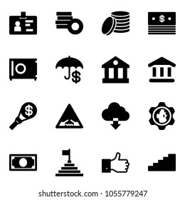 Solid vector icon set - identity vector, coin, dollar, safe, insurance, bank, money torch, drawbridge road sign, download cloud, gear globe, pyramid flag, finger up, stairs