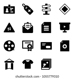 Solid vector icon set - identity vector, medical label, road signpost sign, main, oncoming traffic, opened mail, document, presentation board, film coil, certificate, envelope, pennant, t shirt