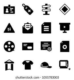 Solid vector icon set - identity vector, medical label, road signpost sign, main, oncoming traffic, opened mail, document, presentation board, film coil, envelope, certificate, pennant, t shirt, cap