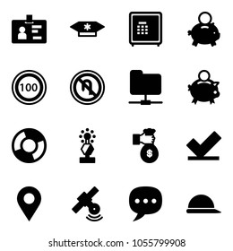 Solid vector icon set - identity vector, candy, safe, piggy bank, speed limit 100 road sign, no turn back, network folder, circle chart, award, rich, check, navigation pin, satellite, chat