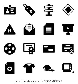 Solid vector icon set - identity vector, medical label, road signpost sign, main, oncoming traffic, opened mail, document, presentation board, film coil, certificate, envelope, t shirt, cap