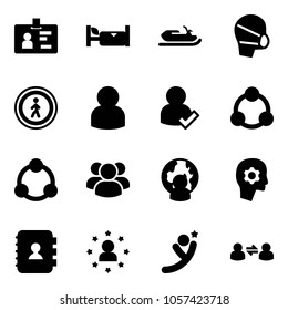 Solid Vector Icon Set - Identity Vector, Hotel, Snowmobile, Medical Mask, No Pedestrian Road Sign, User, Check, Social, Community, Group, Man Globe, Brain Work, Contact Book, Star, Flying