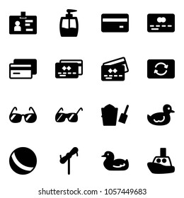 Solid vector icon set - identity vector, liquid soap, credit card, exchange, sunglasses, bucket scoop, duck toy, ball, windmill, boat