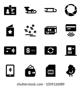 Solid vector icon set - identity vector, sleigh, christmas wreath, star postcard, sale, credit card, tap pay, exchange, atm, mobile payment, finance management, sim, chicken toy
