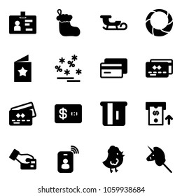 Solid vector icon set - identity vector, christmas sock, sleigh, wreath, star postcard, sale, credit card, atm, pay, chicken toy, unicorn stick