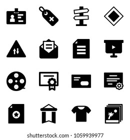 Solid vector icon set - identity vector, medical label, road signpost sign, main, oncoming traffic, opened mail, document, presentation board, film coil, certificate, envelope, pennant, t shirt