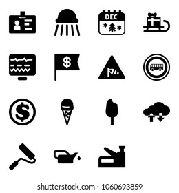Solid vector icon set - identity vector, shower, christmas calendar, sleigh gift, diagnostic monitor, dollar flag, side wind road sign, no bus, ice cream, cloud exchange data, paint roller, oiler